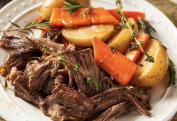 Burgundy Braised Pot Roast with Roasted Carrots and Herbed Potatoes