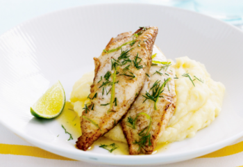 Dill Crusted Wild Sole with Creamy Mashed Potatoes and Herbed Butter Sauce