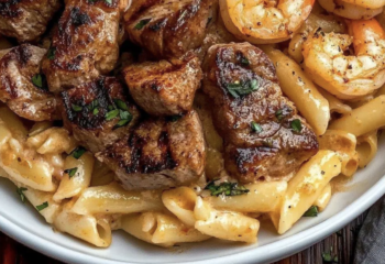 Garlic Parmesan Shrimp Alfredo with Grilled Grass Fed Flank Steak