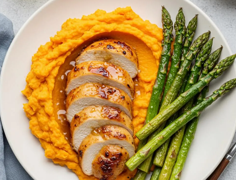 Grilled Chicken and Roasted Sweet Potato Power bowl with Smokey Hot Honey